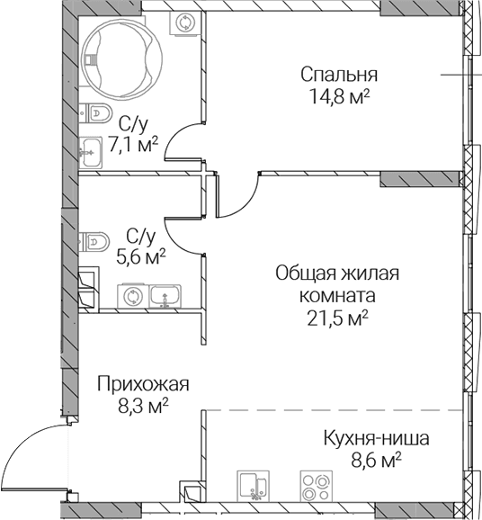 Планировка: Евродвушка 65,9 м² в ЖК «СЕЗАР СИЛИКА»