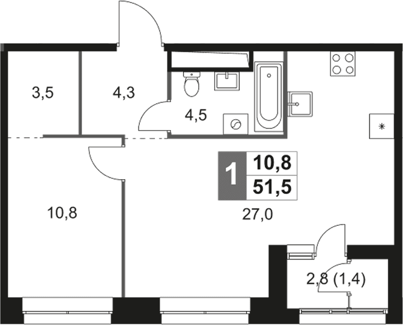 Планировка: Евродвушка 50,1 м² в ЖК «Скай Гарден»