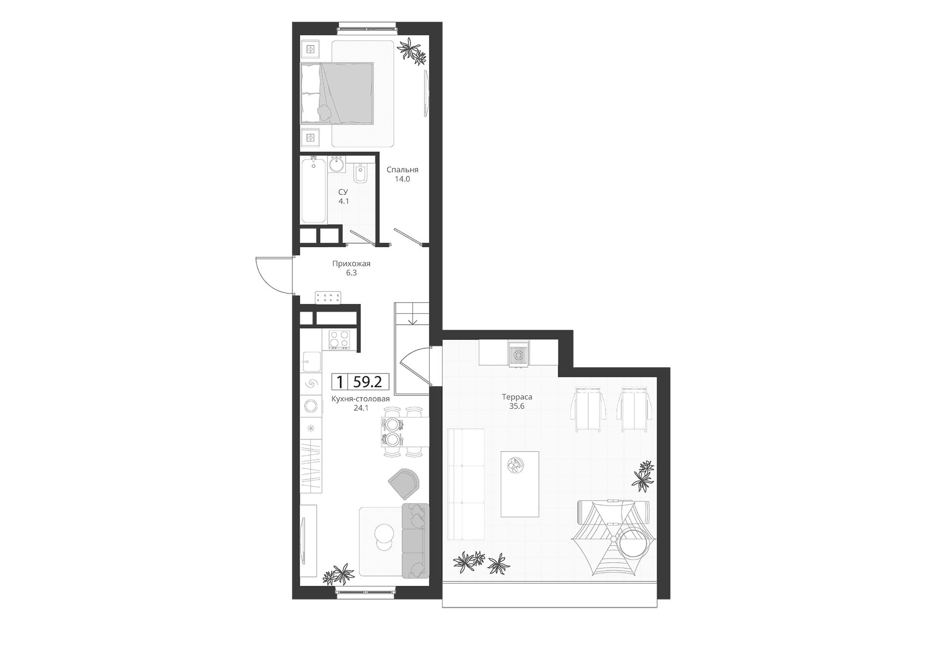 Планировка: Евродвушка 48,5 м² в ЖК «ГРЭЙ»