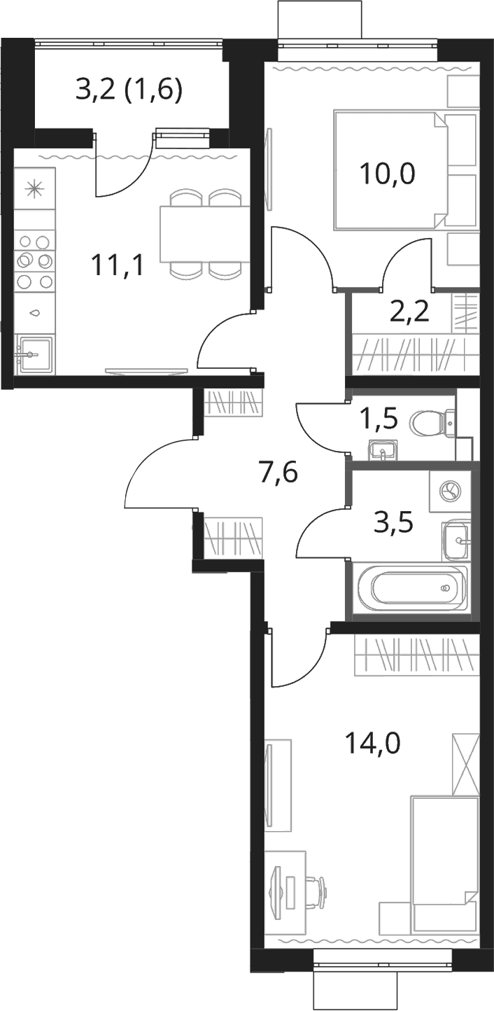 Планировка: 2-комнатная квартира 49,9 м² в ЖК «1-й Шереметьевский»