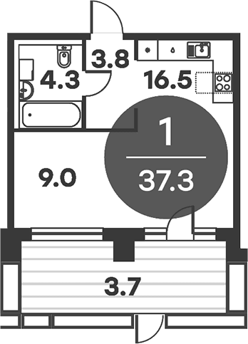 Планировка: 1-комнатная квартира 33,6 м² в ЖК «Равновесие»
