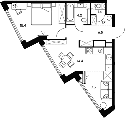 Планировка: Евротрёшка 51,1 м² в ЖК «НЕКСУС от Аквилон»