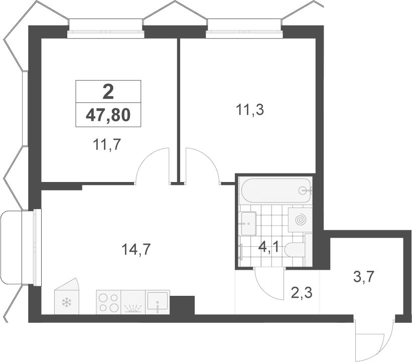 Планировка: 2-комнатная квартира 47,8 м² в ЖК «Деснаречье»