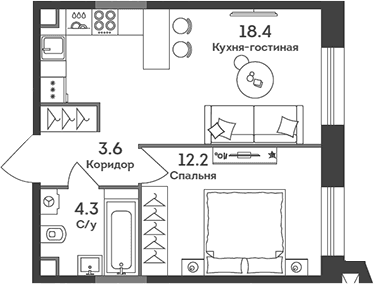 Планировка: Евродвушка 38,5 м² в ЖК «ЭРА»