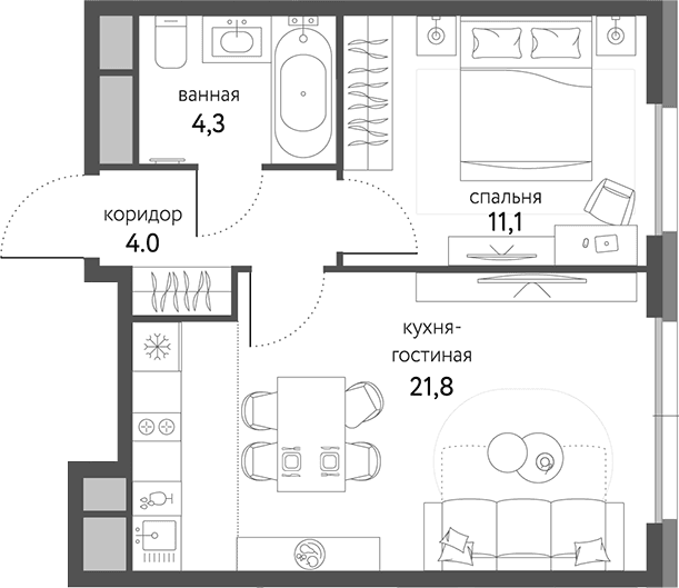 Планировка: Евродвушка 41,2 м² в ЖК «Сиреневый парк»