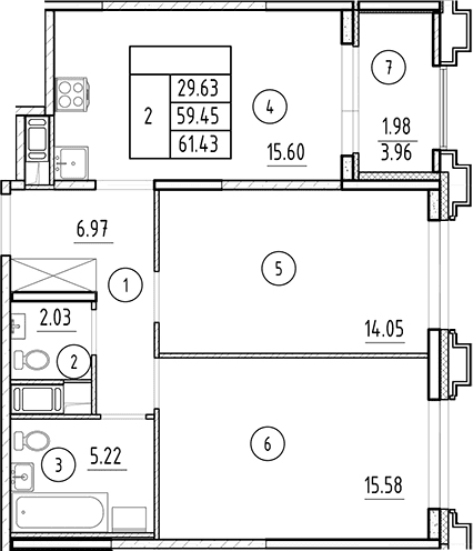 Планировка: Евротрёшка 59,5 м² в ЖК «Ассамблея»