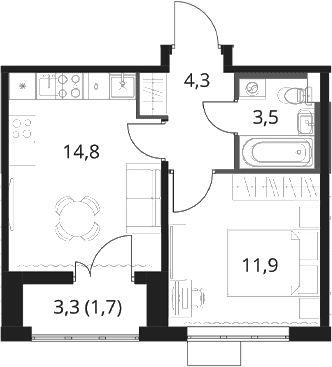 Планировка: 1-комнатная квартира 34,5 м² в ЖК «1-й Шереметьевский»