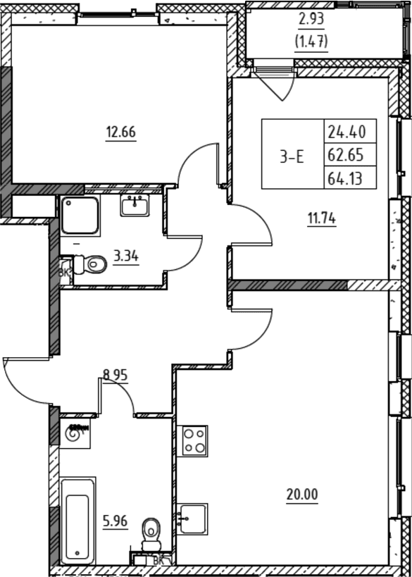 Планировка: Евротрёшка 62,7 м² в ЖК «Город-спутник Южный»