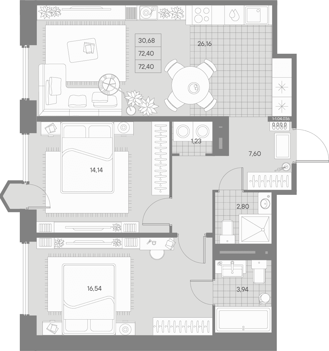 Планировка: Евротрёшка 72,4 м² в ЖК «АВАНТ»