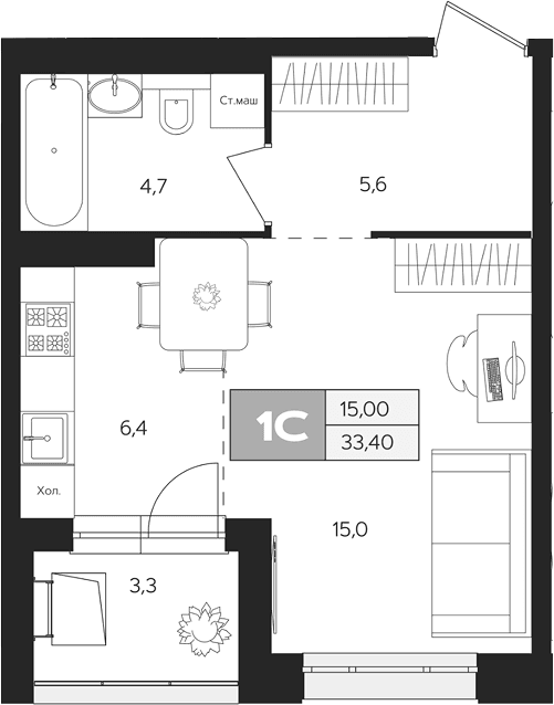 Планировка: Студия 31,8 м² в ЖК «Ласточкино»