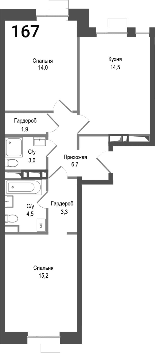Планировка: 2-комнатная квартира 63,1 м² в ЖК «Киноквартал»