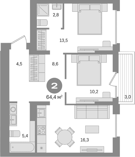 Планировка: 2-комнатная квартира 61,4 м² в ЖК «Первый квартал. Вторая очередь»