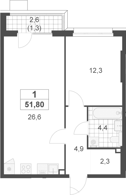 Планировка: Евродвушка 50,5 м² в ЖК «Скандинавия»