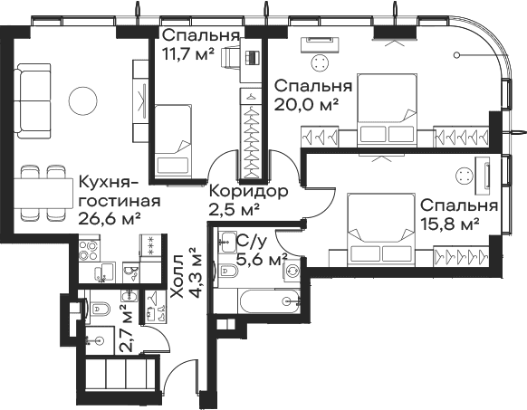 Планировка: Квартира евро-4 89,2 м² в ЖК «Сити Бэй»
