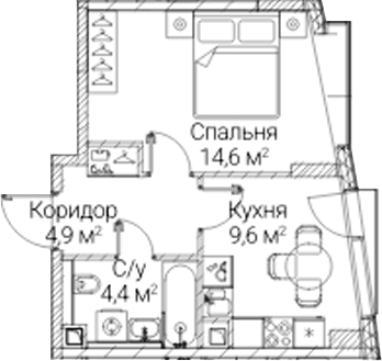 Планировка: 1-комнатная квартира 33,5 м² в ЖК «СЕЗАР БУДУЩЕЕ»