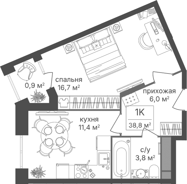 Планировка: 1-комнатная квартира 37,9 м² в ЖК «Варшавские ворота»