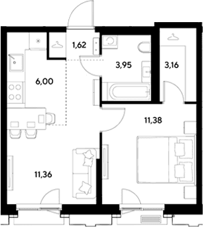 Планировка: Евродвушка 37,5 м² в ЖК «ЭВО»