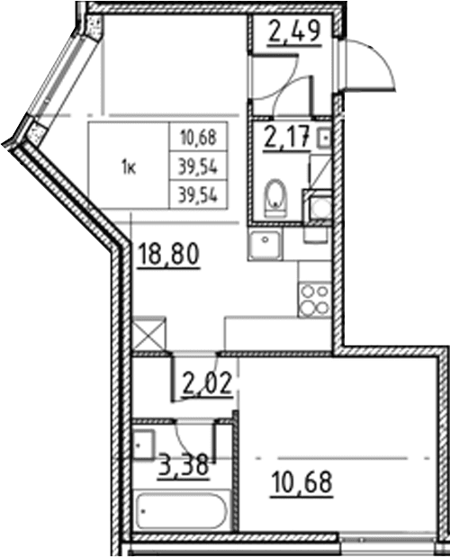 Планировка: Евродвушка 39,5 м² в ЖК «Соло.Петергоф»