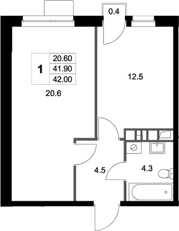 Планировка: 1-комнатная квартира 41,9 м² в ЖК «Легенда Марусино»