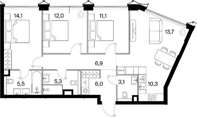 Планировка: Квартира евро-4 87,9 м² в ЖК «26 ПАРКВЬЮ»
