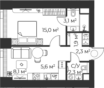 Планировка: Евродвушка 38,2 м² в ЖК «Веер»
