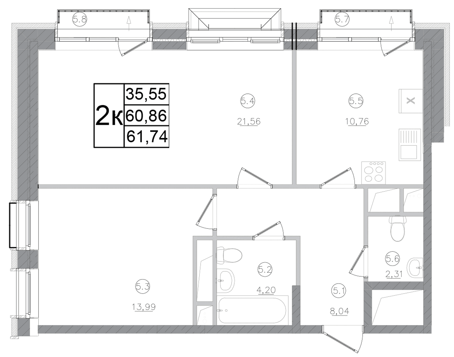 Планировка: 2-комнатная квартира 60,9 м² в ЖК «Авиатор-2»