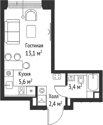 Планировка: Студия 24,5 м² в ЖК «СЕТ»