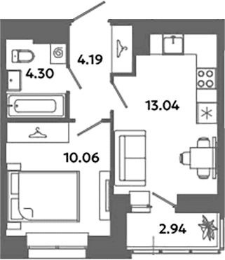 Планировка: Евродвушка 31,6 м² в ЖК «Загляденье»