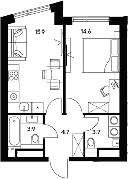Планировка: 1-комнатная квартира 42,8 м² в ЖК «НЕКСУС от Аквилон»