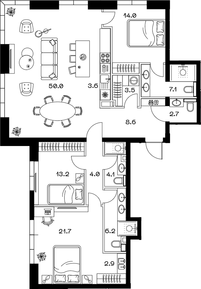 Планировка: Квартира евро-4 141,6 м² в ЖК «SHIFT»