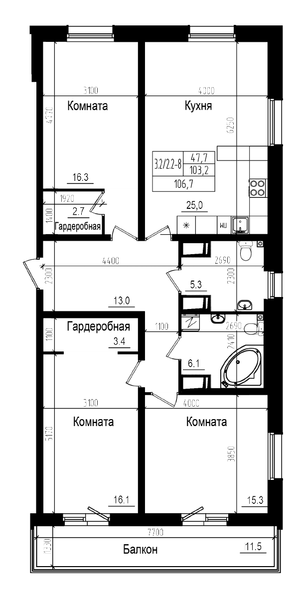 Планировка: Квартира евро-4 103,2 м² в ЖК «Прагма Сити»