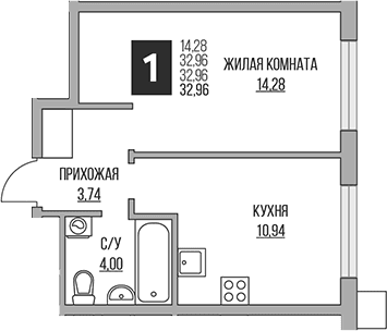 Планировка: 1-комнатная квартира 33 м² в ЖК «Гранель Притяжение Сити»
