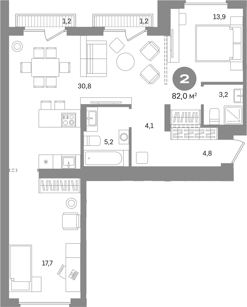 Планировка: 2-комнатная квартира 79,6 м² в ЖК «Первый квартал. Вторая очередь»