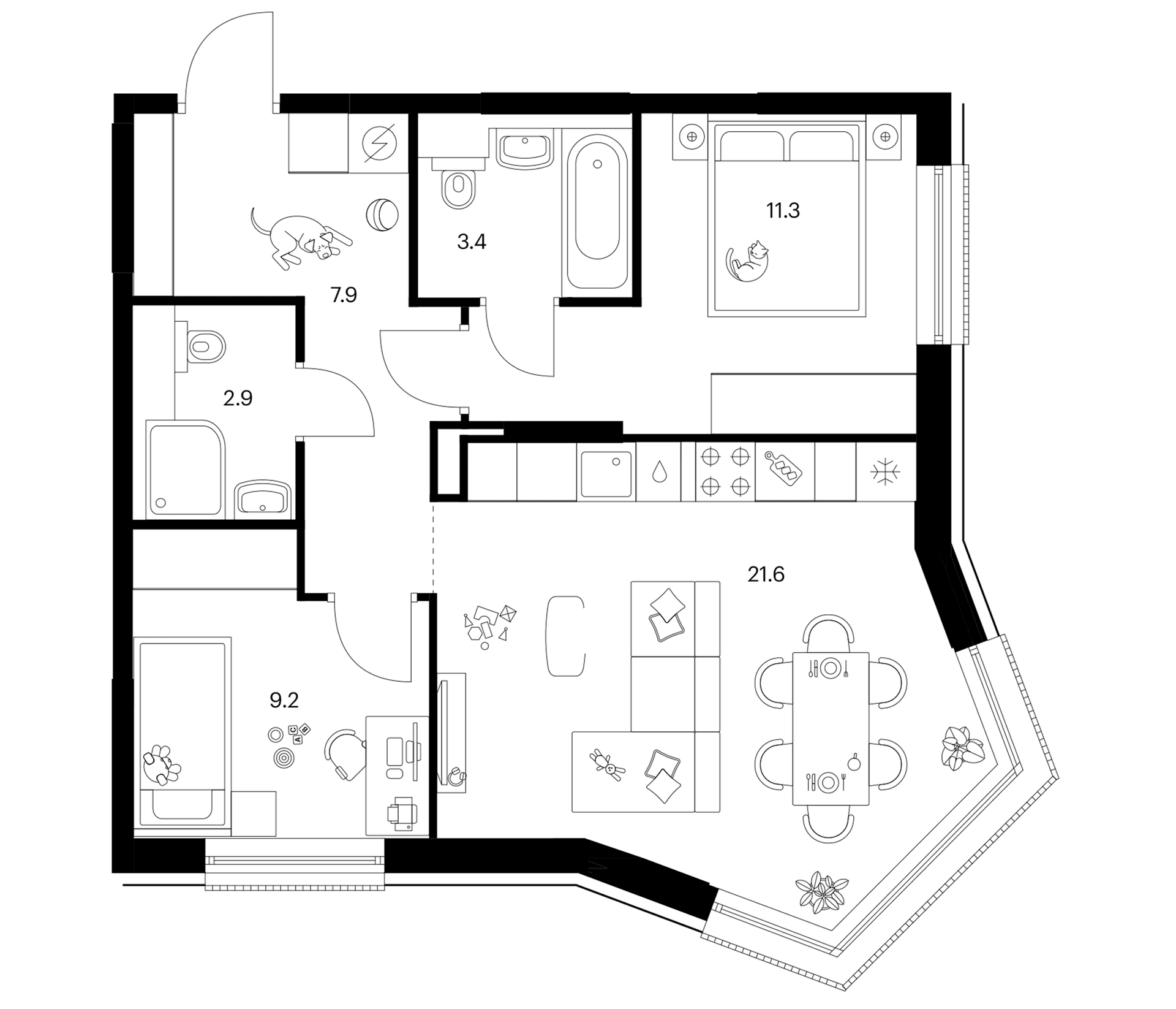 Планировка: Евротрёшка 56,3 м² в ЖК «Москворечье»