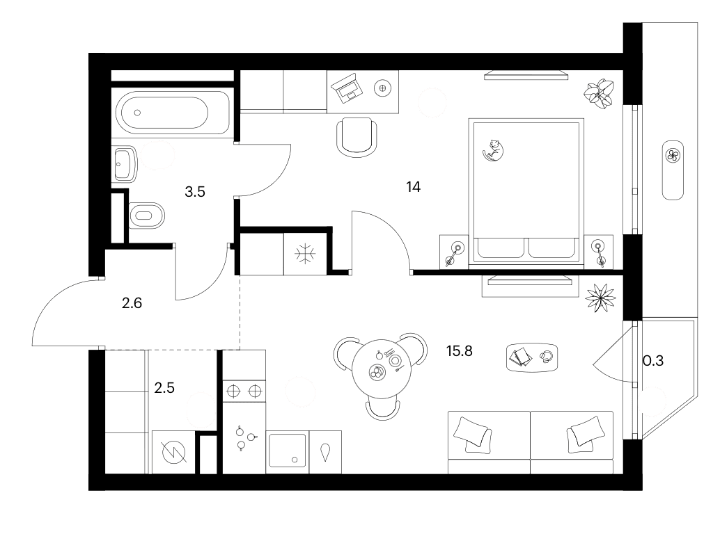 Планировка: 1-комнатная квартира 38,4 м² в ЖК «Зеленый парк»