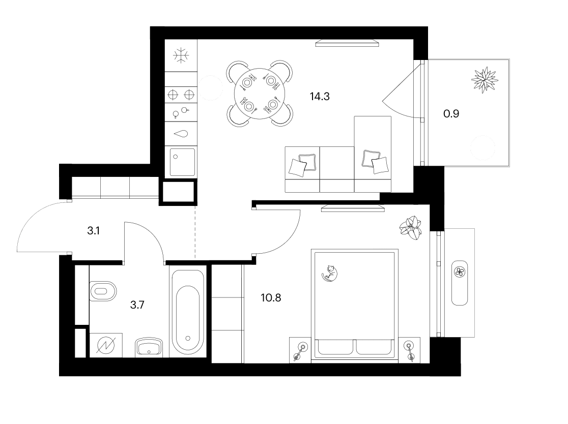 Планировка: 1-комнатная квартира 31,9 м² в ЖК «Зеленый парк»