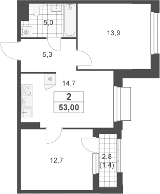 Планировка: 2-комнатная квартира 51,6 м² в ЖК «Южные сады»