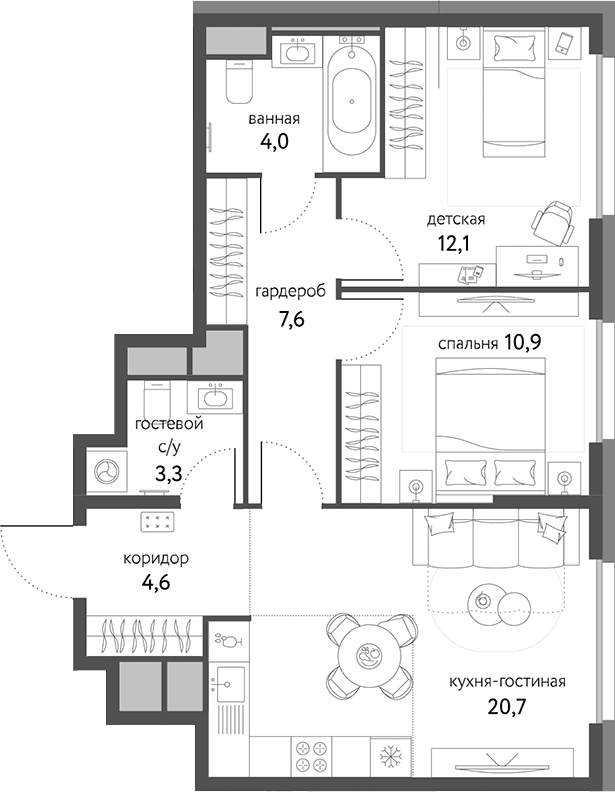 Планировка: Евротрёшка 63,2 м² в ЖК «Сиреневый парк»