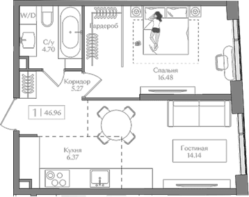 Планировка: 1-комнатная квартира 47 м² в ЖК «Преображенская площадь»