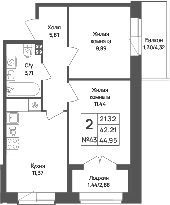Планировка: 2-комнатная квартира 42,2 м² в ЖК «Капральский берег»