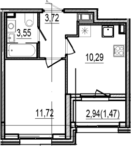 Планировка: Евродвушка 29,3 м² в ЖК «Оптимист»