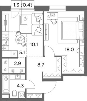 Планировка: Евродвушка 49,1 м² в ЖК «Станиславский»