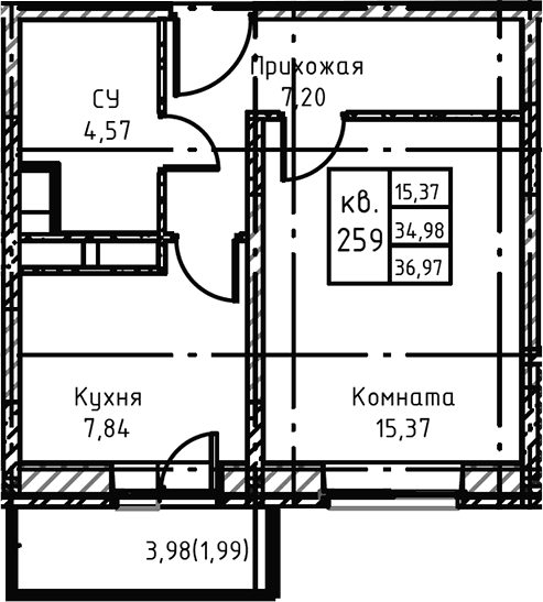 Планировка: 1-комнатная квартира 37,7 м² в ЖК «Высокий Берег»