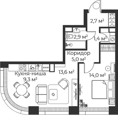 Планировка: Евродвушка 48,9 м² в ЖК «Веер»
