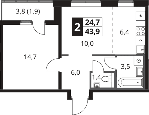 Планировка: Евродвушка 42 м² в ЖК «1-й Южный»