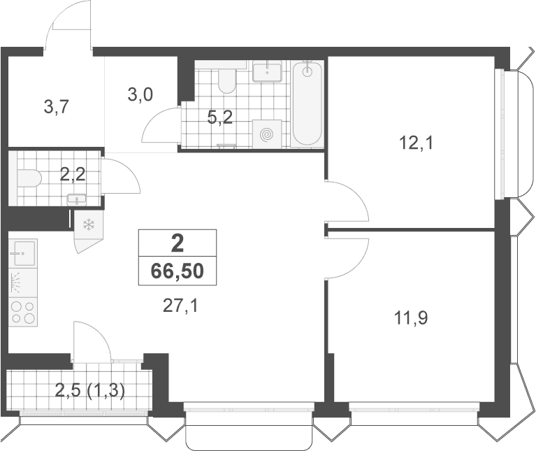 Планировка: Евротрёшка 65,2 м² в ЖК «Деснаречье»