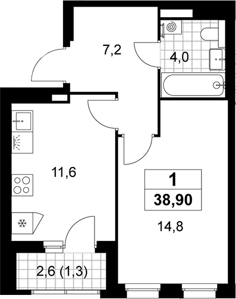 Планировка: 1-комнатная квартира 37,6 м² в ЖК «Деснаречье»