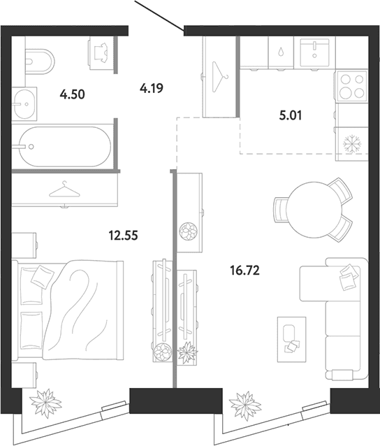 Планировка: 1-комнатная квартира 43 м² в ЖК «Ридж»