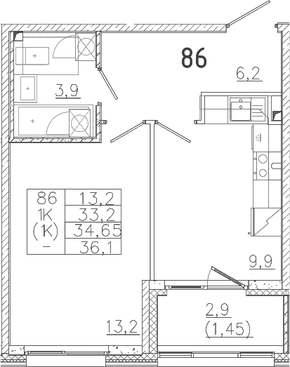 Планировка: 1-комнатная квартира 33,2 м² в ЖК «Лисино»