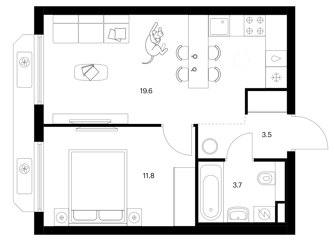 Планировка: 1-комнатная квартира 38,6 м² в ЖК «Белая Дача парк»